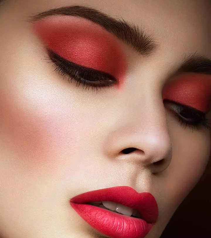 A woman with red eyeshadow