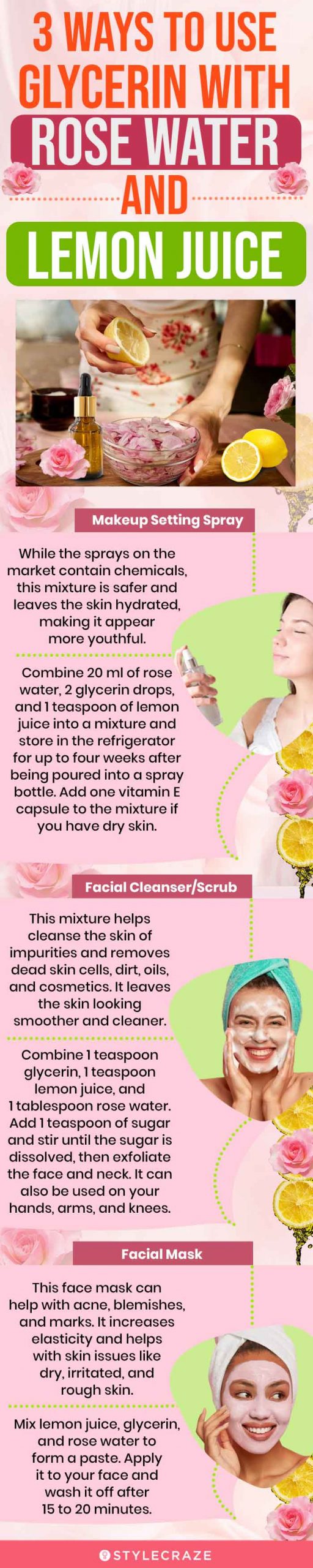 3 ways to use glycerin with rose water and lemon juice (infographic)