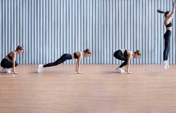 Woman doing burpees EMOM Workout step-by-step
