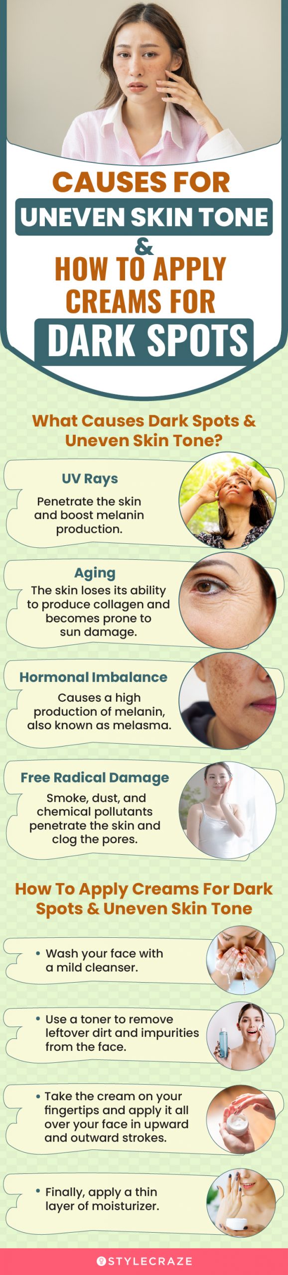 Causes For Uneven Skin Tone & How To Apply Creams For Dark Spots (infographic)