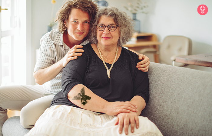 Mother flaunts her guardian angel mother son tattoo while posing with her son