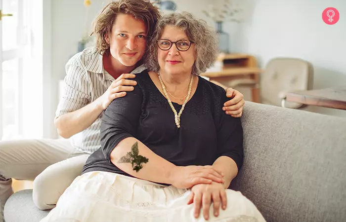 Mother flaunts her guardian angel mother son tattoo while posing with her son