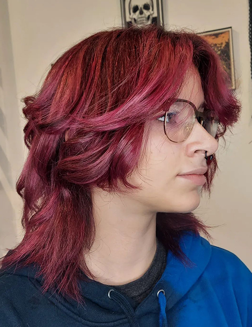 Raspberry red wolf cut hairstyle