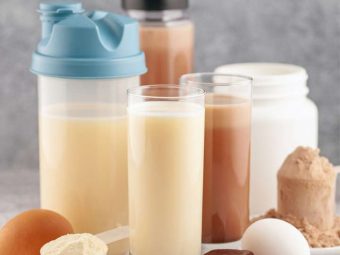 Different protein shakes kept on a table