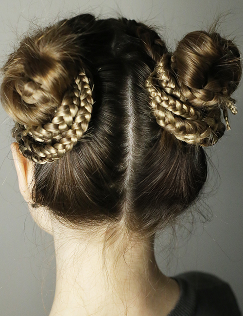 Space buns with wrapped-around braids