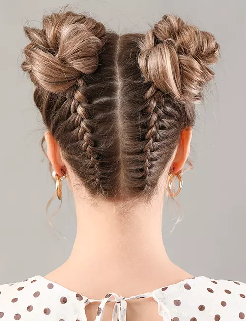 Tight Dutch braided space buns