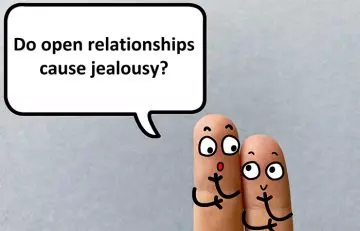 Two fingers and a speech bubble representing individuals discussing jealousy in an open relationship