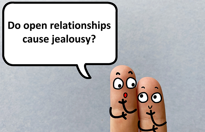 Two fingers and a speech bubble representing individuals discussing jealousy in an open relationship