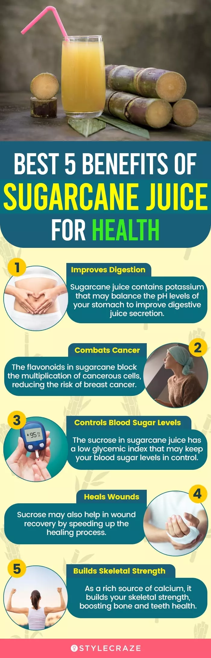 best 5 benefits of sugarcane juice for health (infographic)
