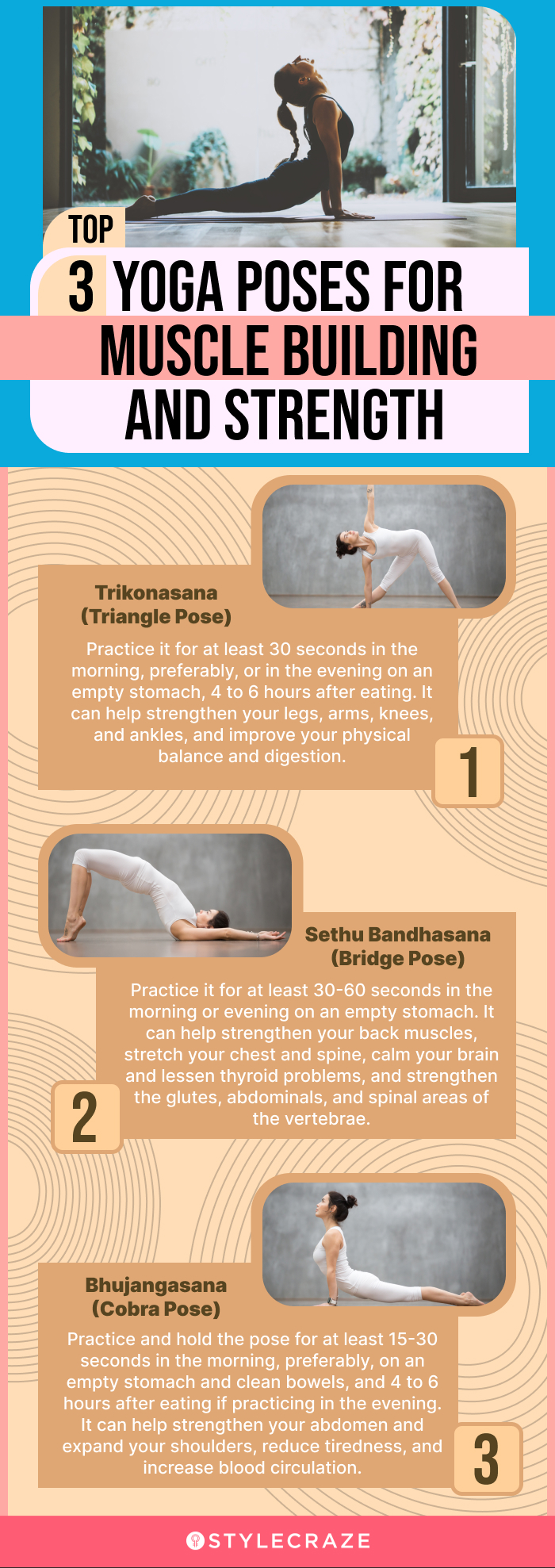top 3 yoga poses for muscle building and strength (infographic)