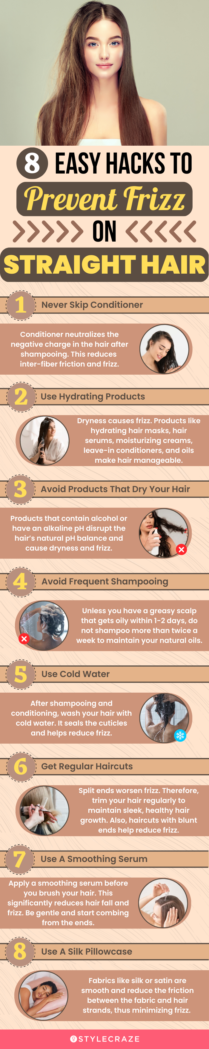 8 easy hacks to prevent frizz on straight hair (infographic)