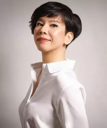 Short pixie cut with bangs from the crown