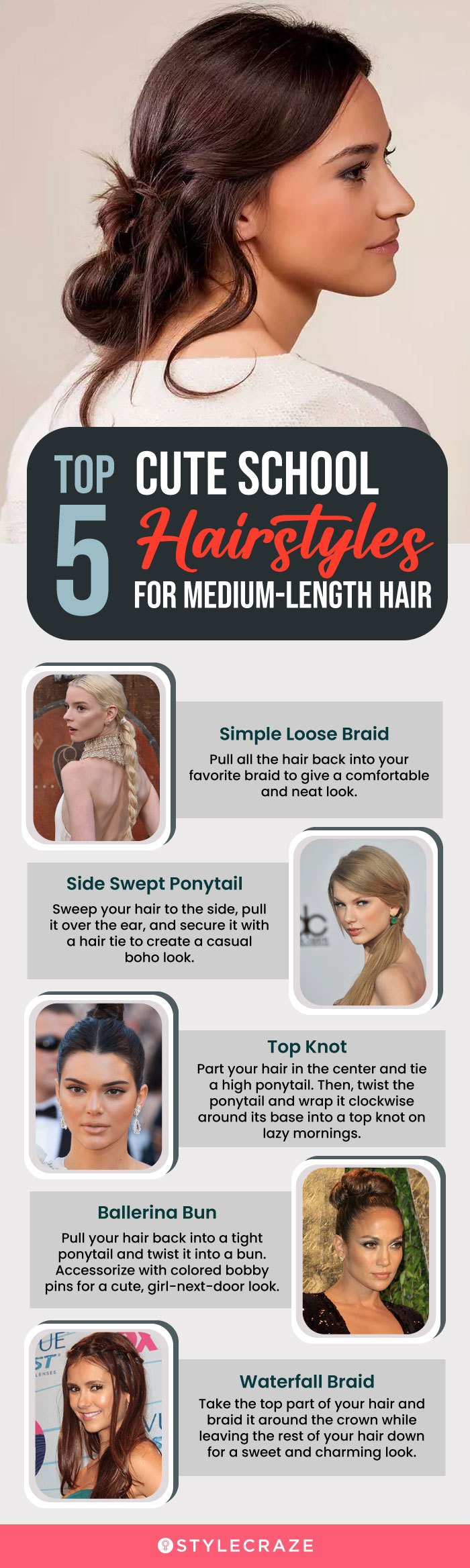 top 5 cute school hairstyles for medium length hair (infographic)