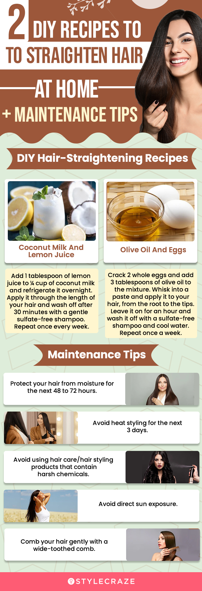 2 diy recipes to straighten hair at home + maintenance tips (infographic)