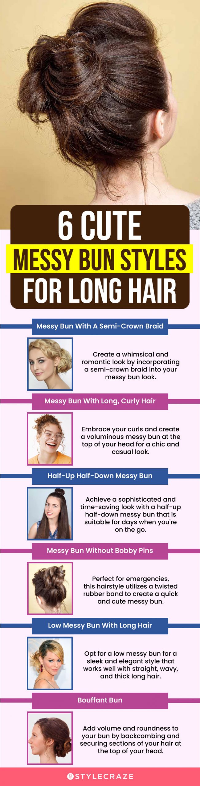 6 cute messy bun styles for long hair (infographic)