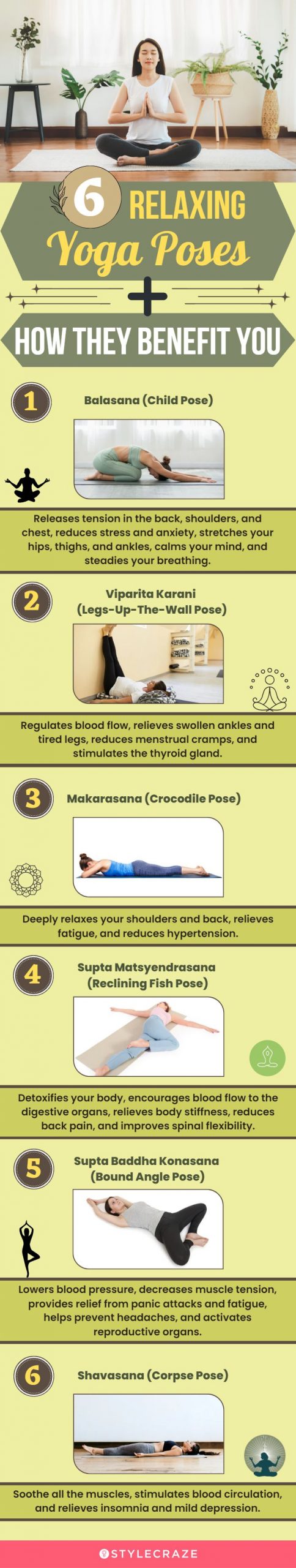 6 relaxing yoga poses + how they benefit you (infographic)