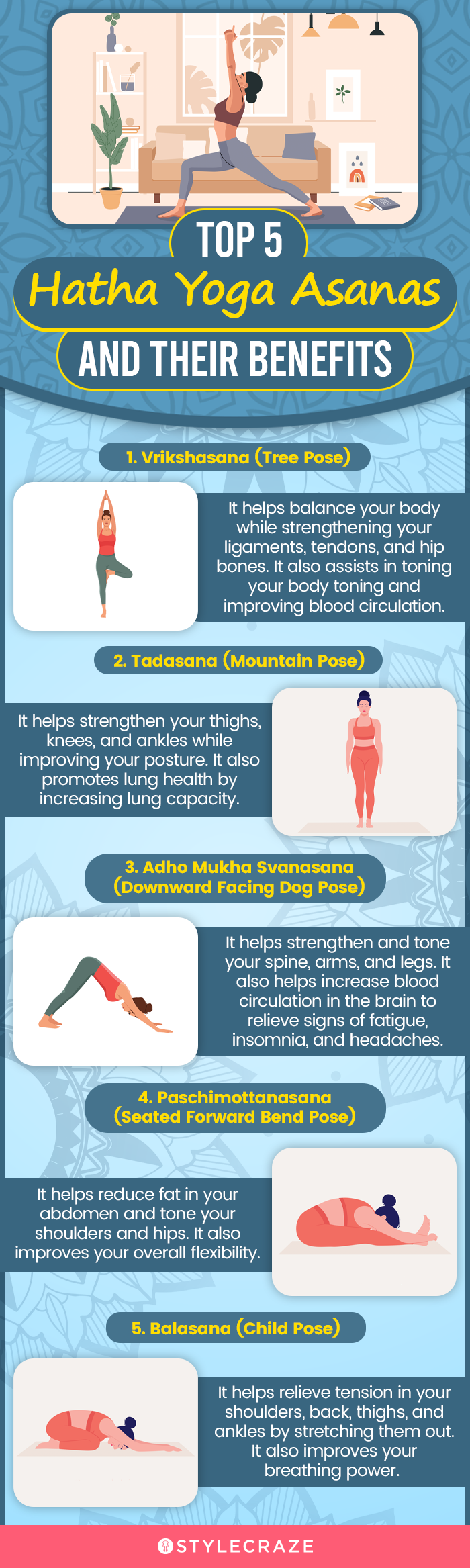 benefits of top 5 hatha yoga asanas (infographic)