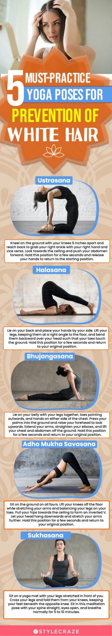 5 must practice yoga poses for prevention of white hair (infographic)