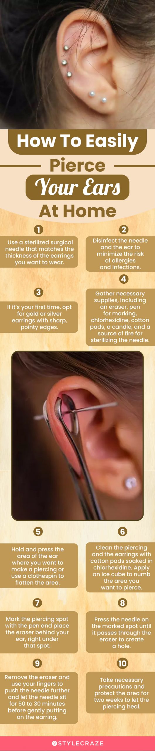 how to easily pierce your ears at home (infographic)