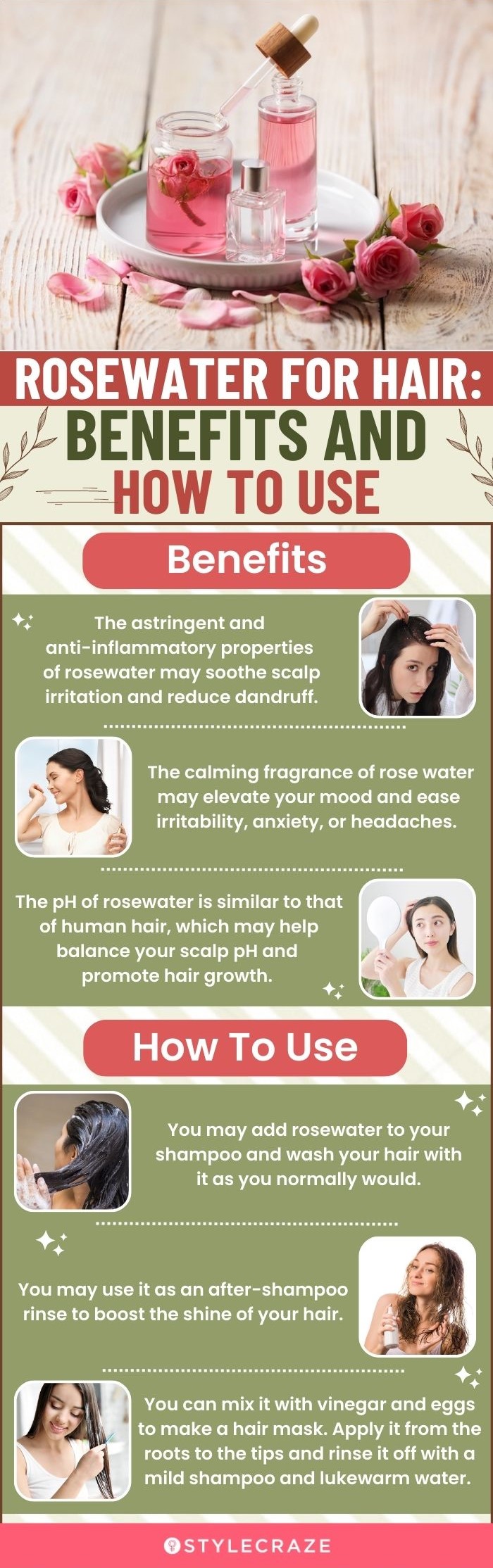 rosewater for hair benefits and and how to use (infographic)