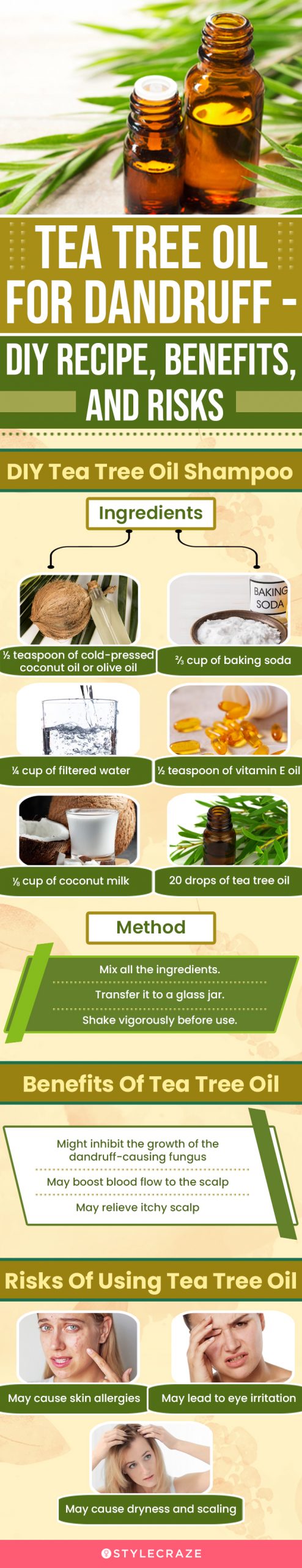 tea tree oil for dandruff diy recipe, benefits, and risks (infographic)