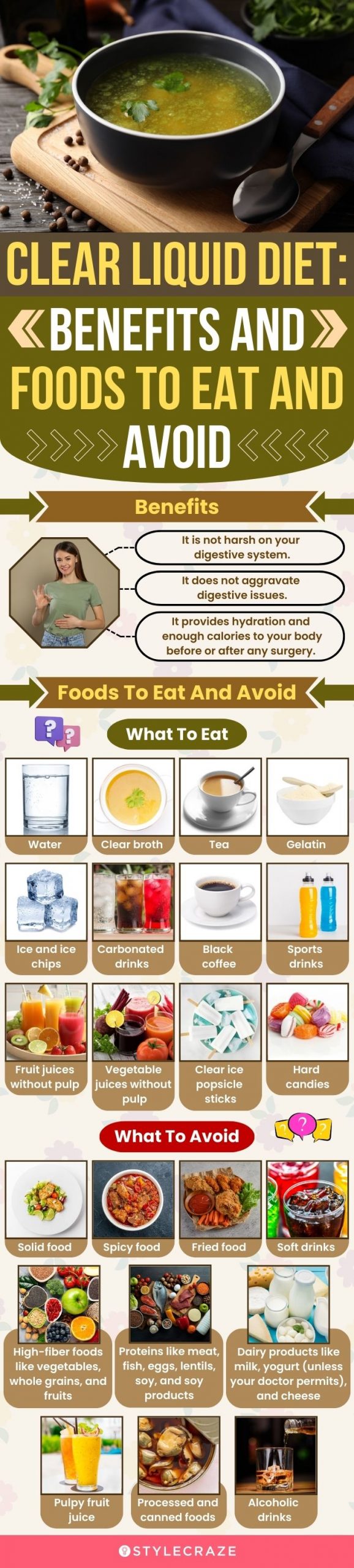 clear liquid diet benefits and foods to eat and avoid (infographic)