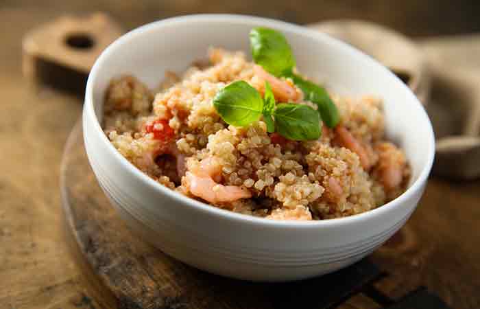 A bowl of shrimp and quinoa salad