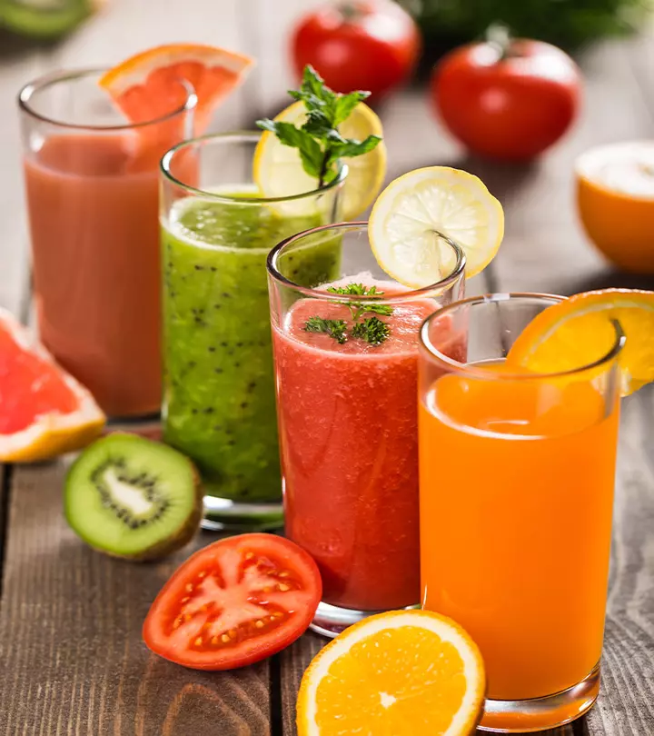 four glasses of colorful gastroparesis friendly fruit juices