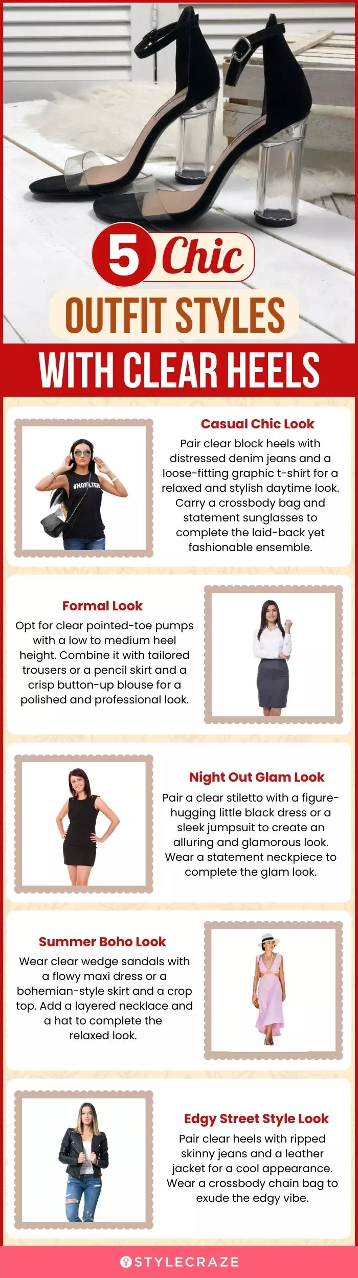 5 Chic Outfit Styles With Clear Heels (infographic)