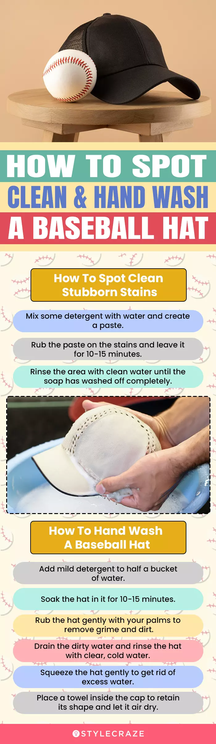 How To Spot Clean & Hand Wash A Baseball Hat (infographic)