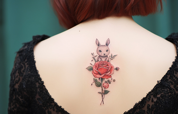 A vintage rose with a smiling rabbit for a spine tattoo