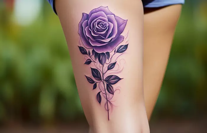 A 3D purple rose tattoo design on the thigh