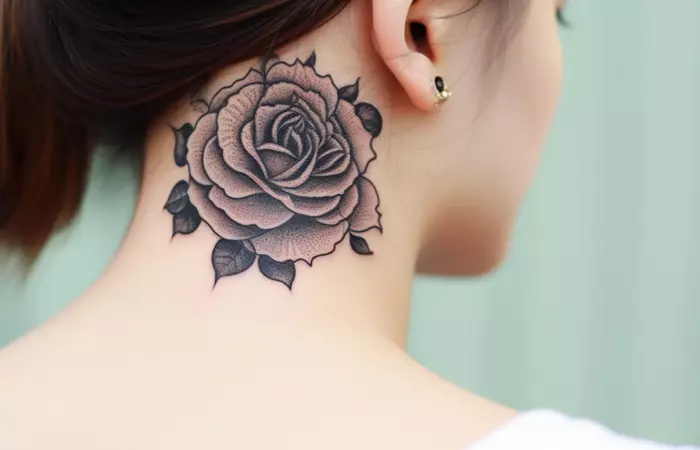 A large dotwork rose neck tattoo