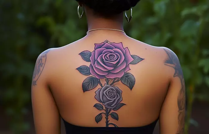 A Japanese-style black and purple rose tattoo on the spine