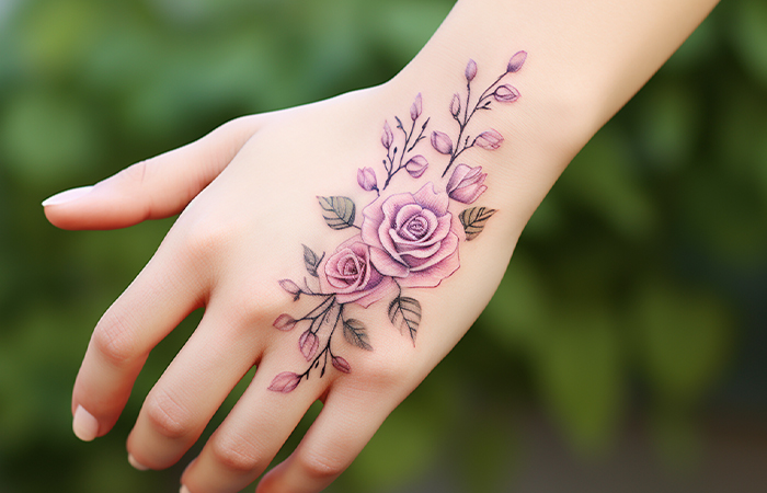 A Korean style watercolor pink rose hand tattoo