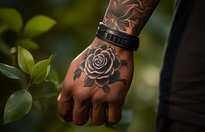 A black and gray rose hand tattoo on deep skin tone