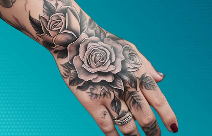 A black and gray rose tattoo on the back of the hand