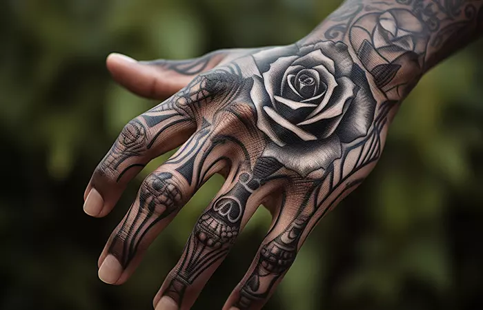 A black and white skeletal hand tattoo