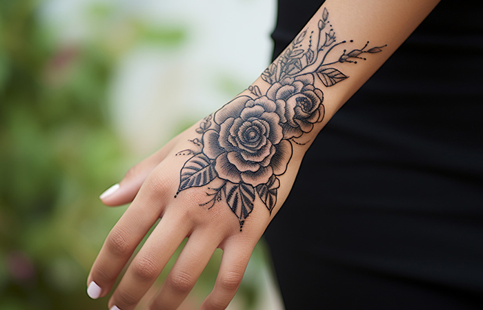A black rose corsage tattoo on the back of the hand