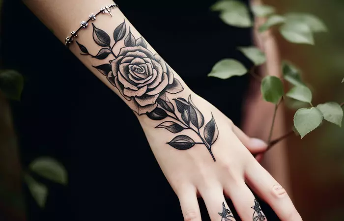 A black rose tattoo done across the back of the hand