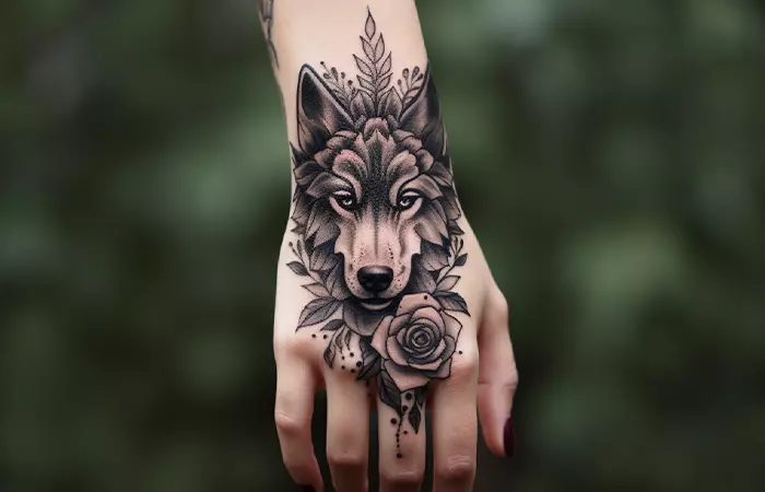 A black wolf and rose hand tattoo