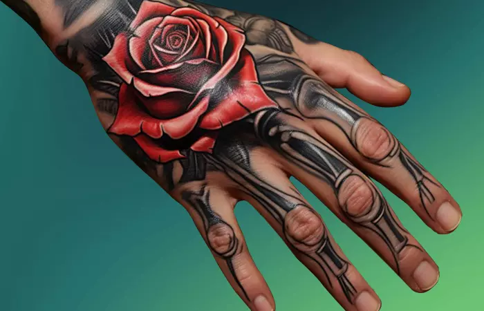 A blackwork skeletal hand and red rose tattoo