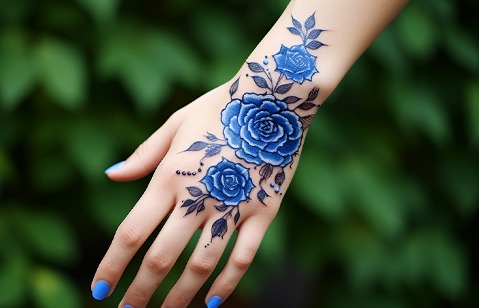 A blue rose sticker tattoo on the back of the hand