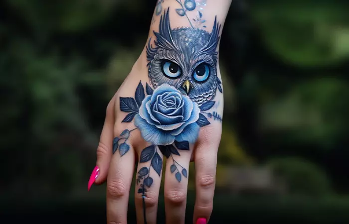 A blue rose with an owl tattooed on the back of the hand