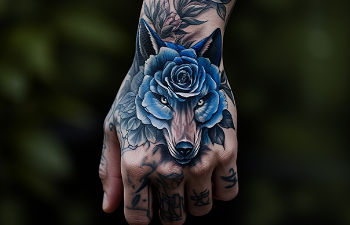 A blue rose with wolf tattoo on the back of the hand