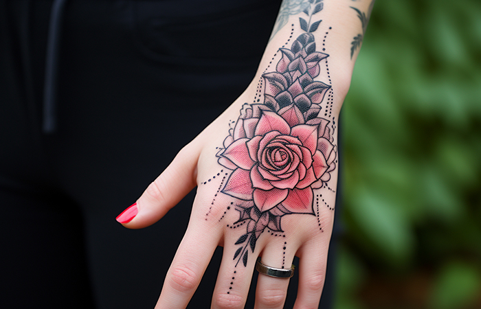A bohemian style rose mandala cuff on the back of the hand