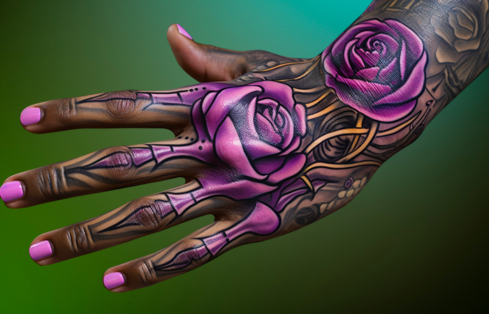 A bright purple rose and skeletal hand tattoo