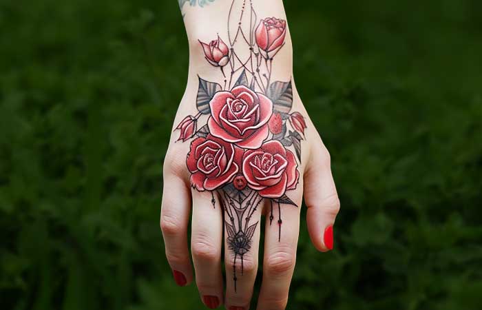 A bunch of red roses tattooed on the back of the hand