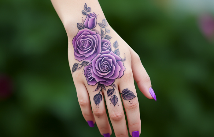 A bunch of vintage purple roses tattooed on the back of the hand
