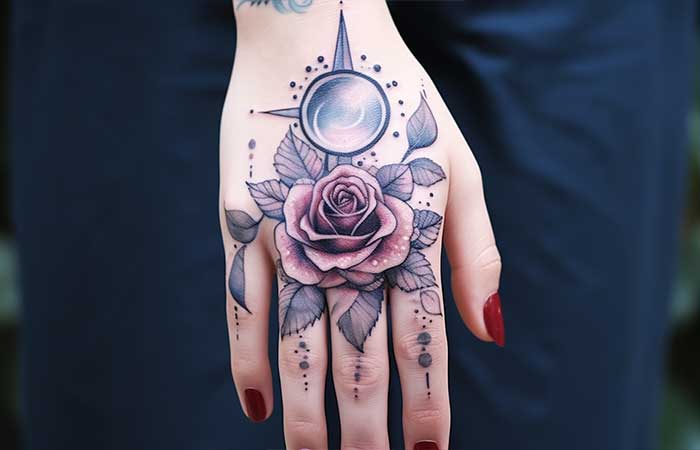 A celestial watercolor hand tattoo of a rose and moon
